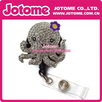 

Costume Jewelry Clear Rhinestone Cute Octopus with Purple Flower Retractable Badge Reel/ ID Badge Holder