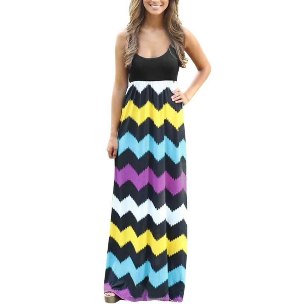 

Women Summer Dress Multicolor Striped Long Boho Beach Maxi Dress Plus Size Natural Polyester Dress #YL1
