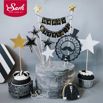 

Black Gold Star Mustache Hat Tassel "Happy Birthday" Collection Cake Topper Dessert Decoration for Wedding Birthday Party Gifts
