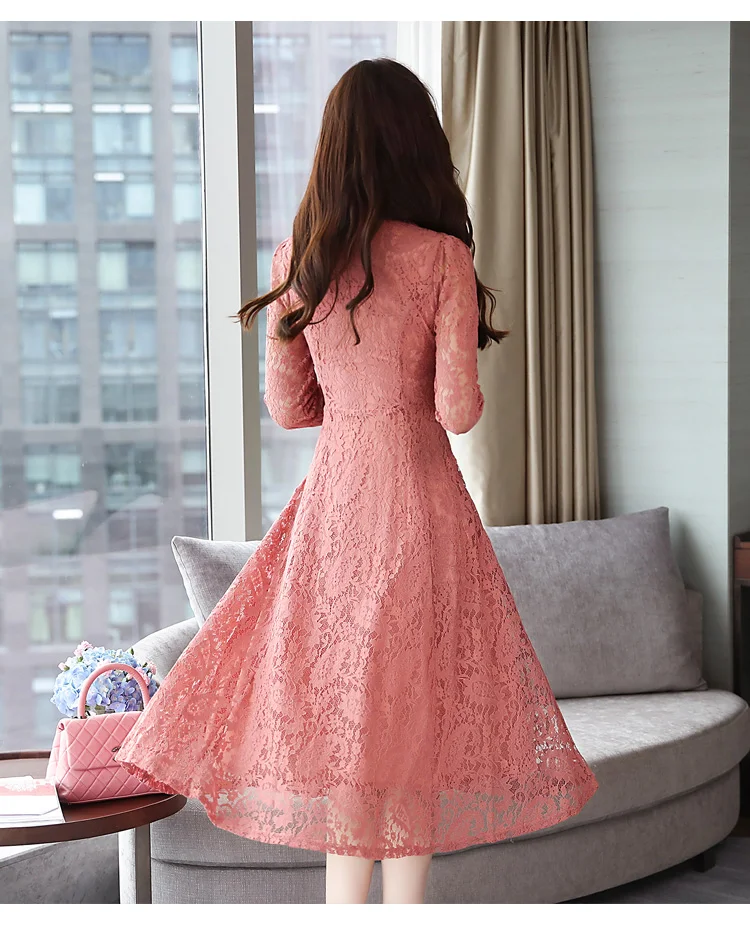 Женщин осень и зима новая корейская версия 4XL большой размер ретро сплошной цвет кружева длинное платье женское платье корейский черный элегантный тонкий платье с длинными рукавами показ мод Vestidos