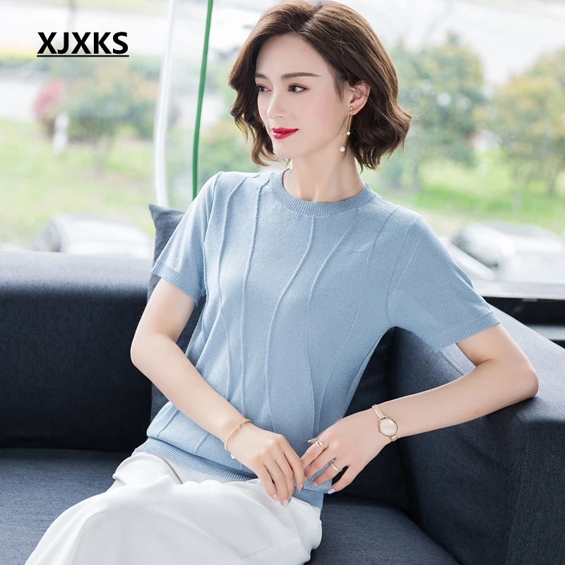 

Knitting Tee Shirt Femme 2019 Summer New Young Women T-Shirt Modis Thin Comfortable Solid Color Young Women Short Sleeve Tops