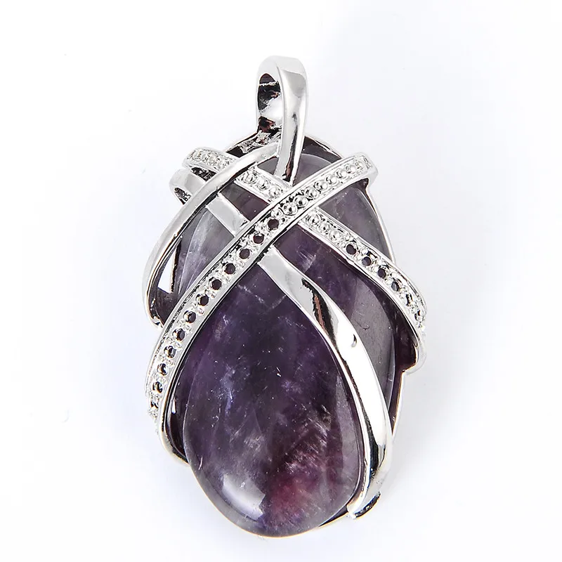 

New Women Fashion Jewelry Chic Natural Stone Amethysts Opal Aventurine Quartz Oval Shape hollow Metal Girl's Necklaces Pendant