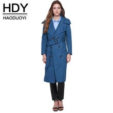 Haoduoyi 2016 Autumn Double Breasted Longline Coat Turn Down Collar Blue Women Trench Coat Khaki Tie Waist Street Outwears shawl collar longline coat