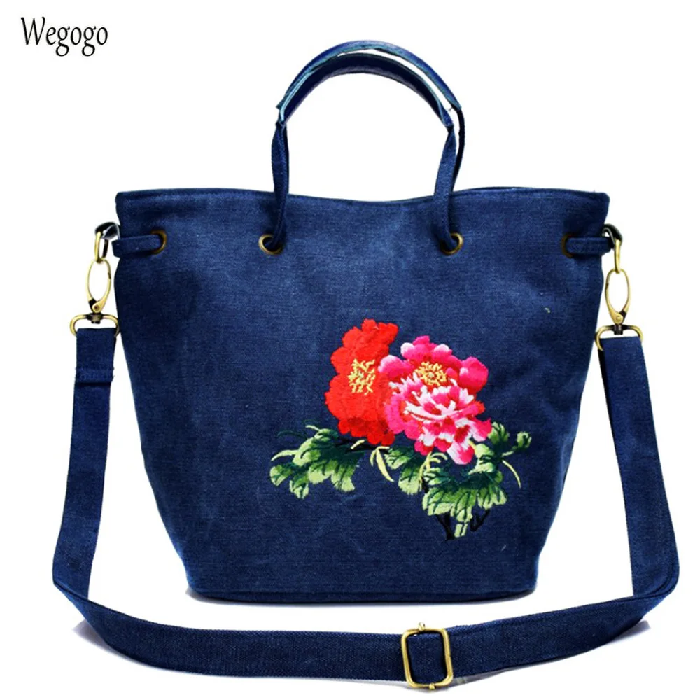 

Vintage Women Handbags National Peony Floral Embroidered Female Travel Bags Blue Canvas Large Capacity Shoulder Messenger Bag