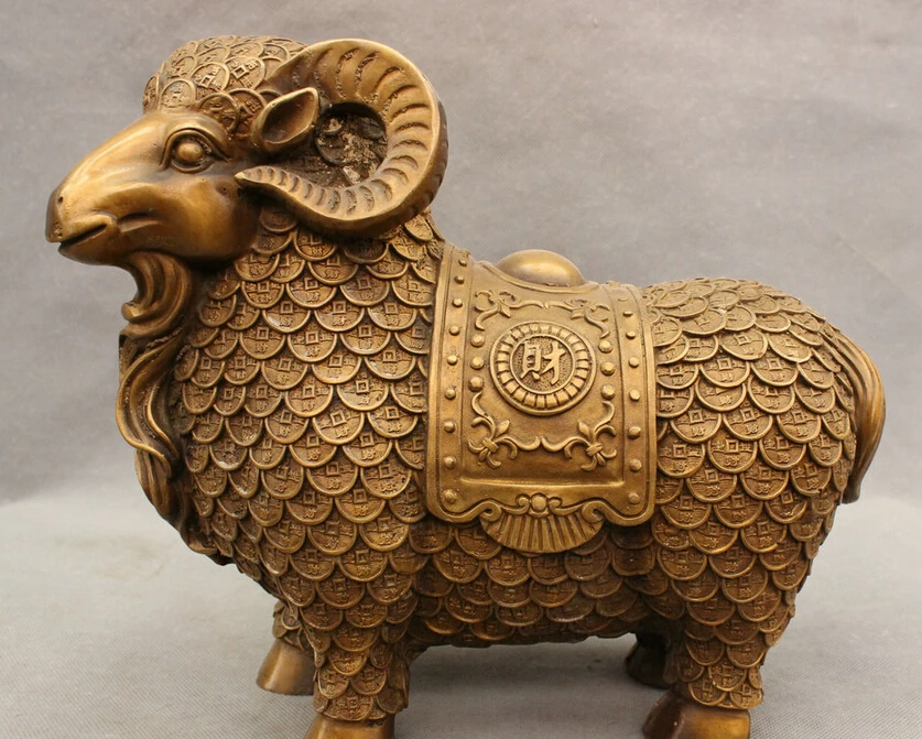 

S5356 11" JiXiang Chinese Bronze Year Zodiac Cai Fu Coin Wealth Sheep Statue Figurine D0318
