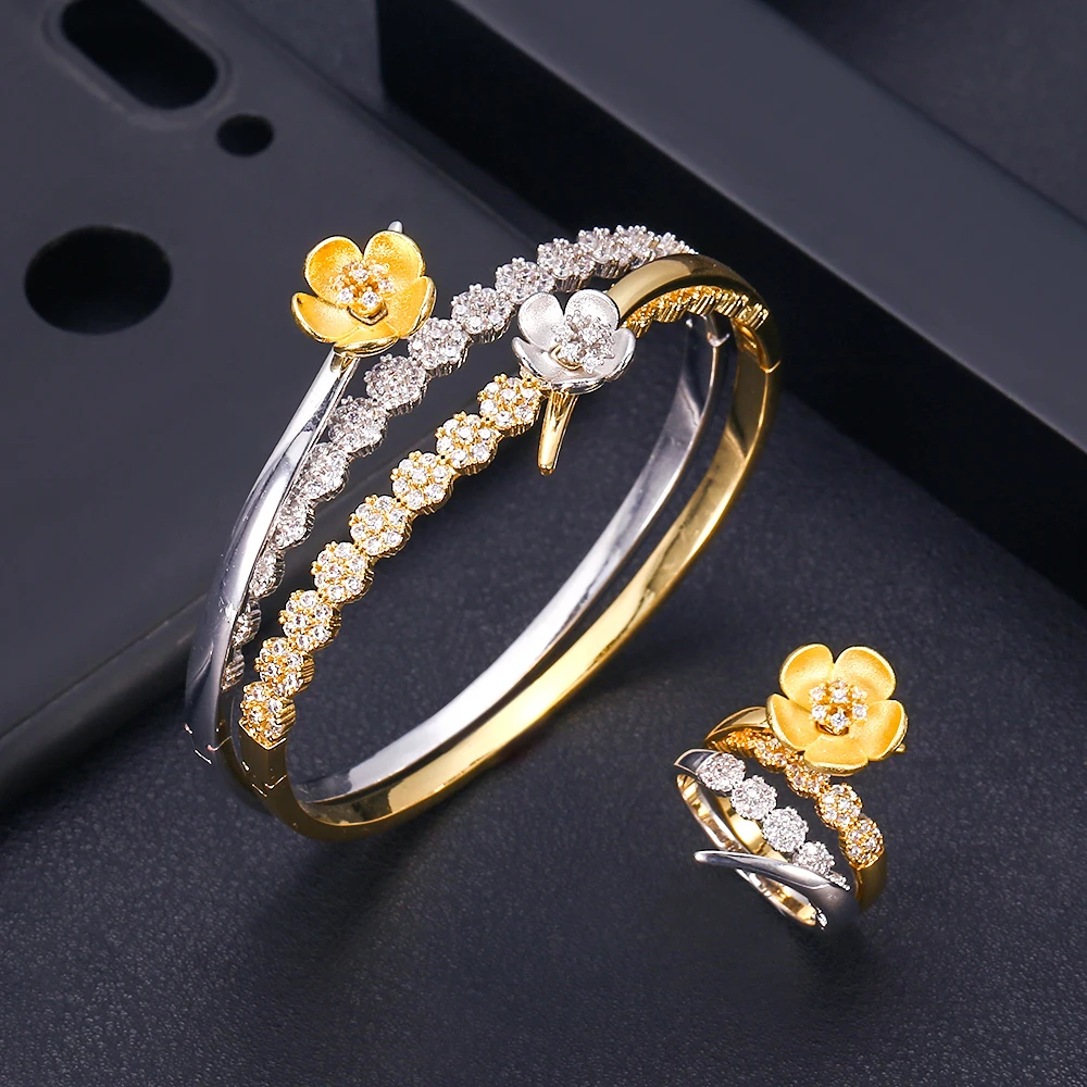 

jankelly Luxury flower Bangle Ring Sets Fashion Dubai Silver Bridal Jewelry Sets For Women Wedding brincos para as mulheres