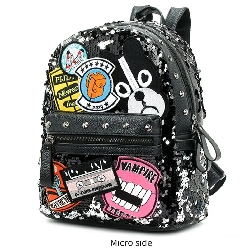 Women Pink Flippy Gillter Sequin Backpack Purse Girl Reversible Black PU Leather Embroidered School bag Bookbag Blue Rose Silver Women Pink Flippy Gillter Sequin Backpack Purse Girl Reversible Black PU Leather Embroidered School bag Bookbag Blue Rose Silver