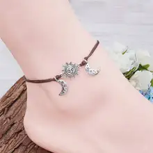 DoreenBeads Boho Style Polyester Boho Chic Anklet Antique Silver Coffee Sun And Moon Face Foot Bracelet 21cm(8 2/8″) long, 1 PC