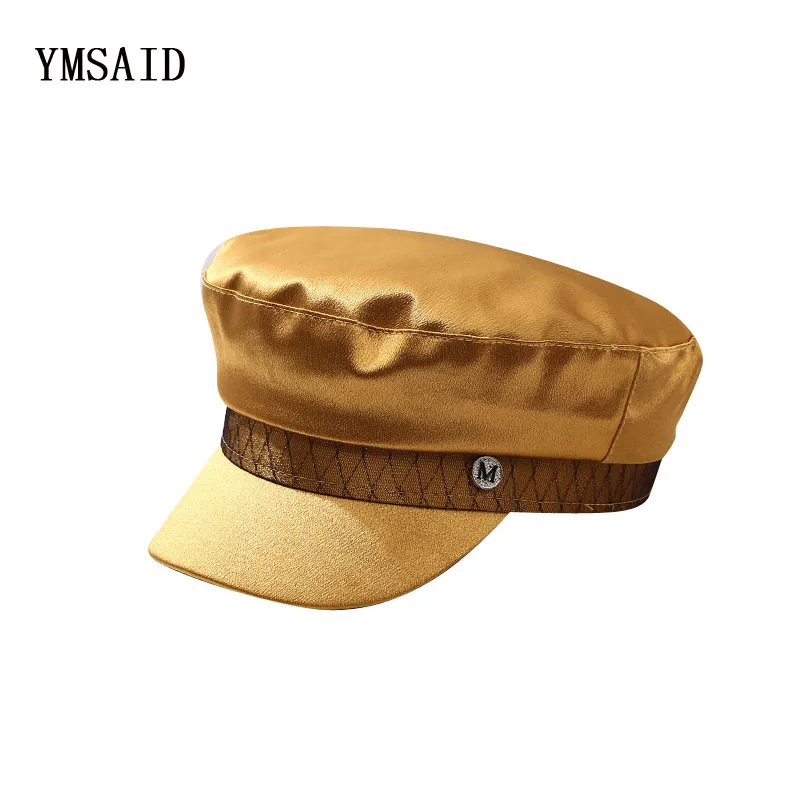 

Ymsaid 2019 New Women's Spring And Summer Navy Cap Hat Female Hat Fashion M-letter Satin Flat Top Cap British Retro Beret