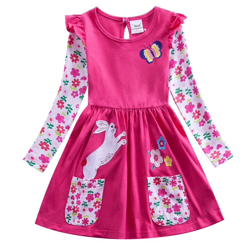 Платье для девочек из хлопка; детская одежда; платье с длинными рукавами и единорогом для девочек; сезон весна-осень; платье с вышитыми карманами и радужными рукавами