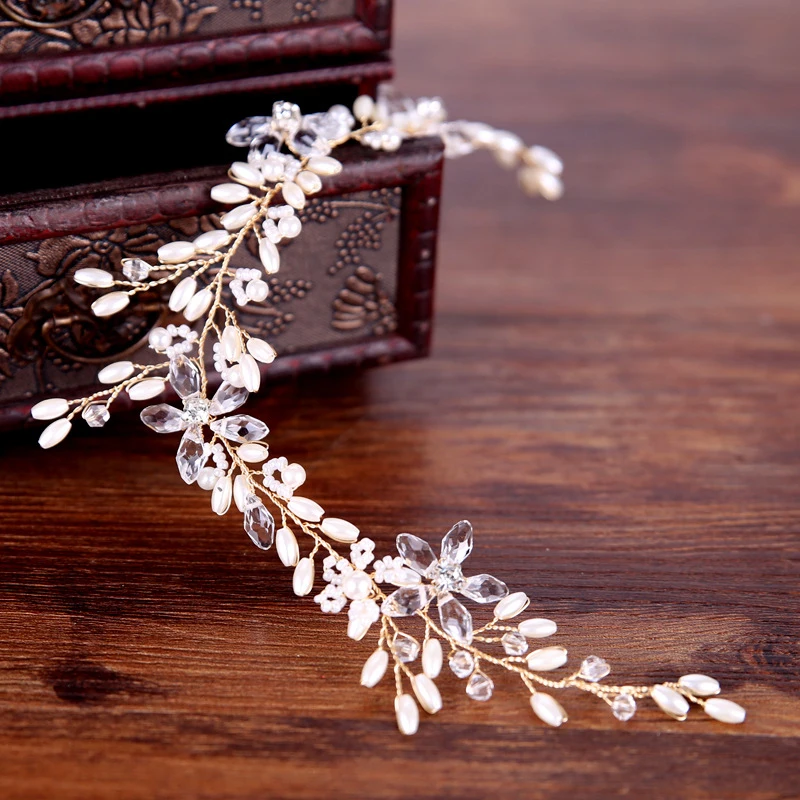 

Handmade Romantic Gold Hair Vine Pearl Wedding Headpiece Crystal Beads Bridal Headband For Women Accessories Jewelry Headwear
