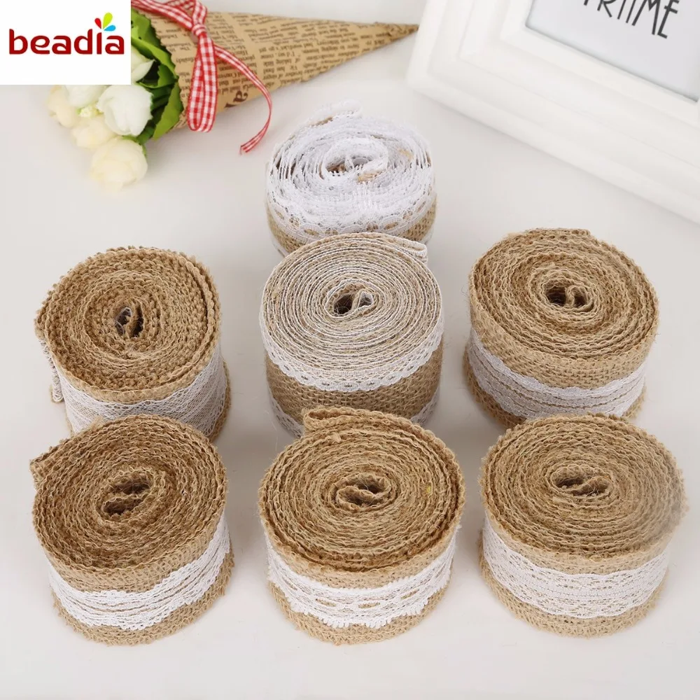 Width 5cm 2M/Roll Natural Jute Burlap Hessian Ribbon with Different White Lace For Rustic Wrap Gift Packing Wedding Decoration