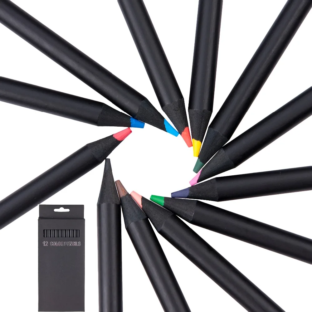 12pcs Wooden Colorful Drawing Charcoal Colored Pencil Black Soft