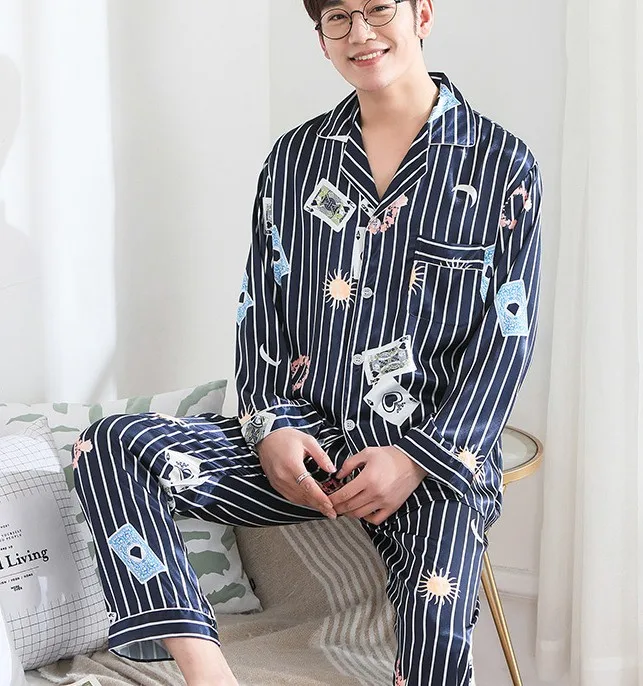 Smmoloa пара шелковые пижамы комплект атласная ночная рубашка повседневная домашняя одежда для сна с длинными рукавами - Цвет: MEN
