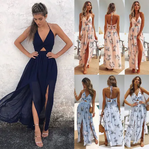 

Bohemian Women's Maxi Long Dress Holiday Lady Deep V-Neck Summer Evening Party Beach Slit Spilt Sundress Dresses