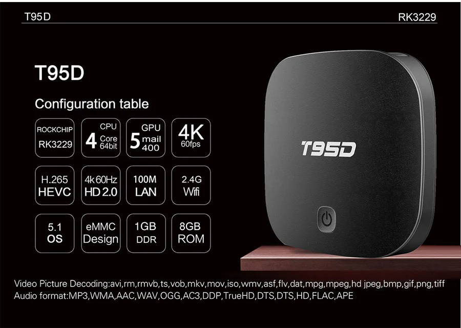 T95D Android 6.0 Smart TV Box with Rockchip RK3229 RK3229 1GB RAM 8GB ROM TV BOX 2.4G Wifi - 4K HD Smart TV Media Player 4