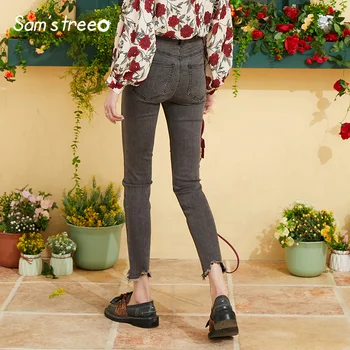 

Samstree Grey Solid Women Boyfriend Jeans 2019 Autumn Frayed Denim Pencil Pants Streetwear Casual Ladies Pants