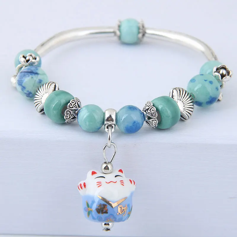 Сладкий браслет с керамическими бусинами счастливый кот браслет для женщин античный из сплава серебряного цвета - Окраска металла: blue