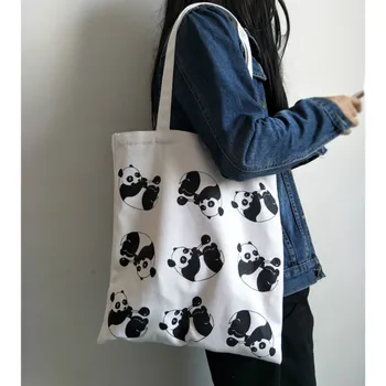 

Panda Animal Pattern Canvas Shopping Shoulder Bag Casual Travel Large Capacity Eco Reusable Tote Handbag