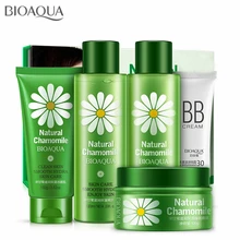 BIOAOUA 5 шт./партия, набор для ухода за кожей, Натуральная ромашка, уход за лицом, очищающее средство для лица+ Тонер+ эссенция лосьон+ BB крем+ маска для сна