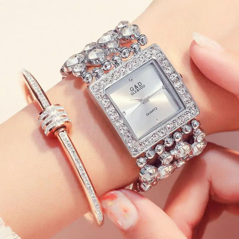 Для женщин Нержавеющая сталь часы леди Сияющий платье смотреть большой алмазный камень Наручные часы Часы часов - Цвет: Серебристый
