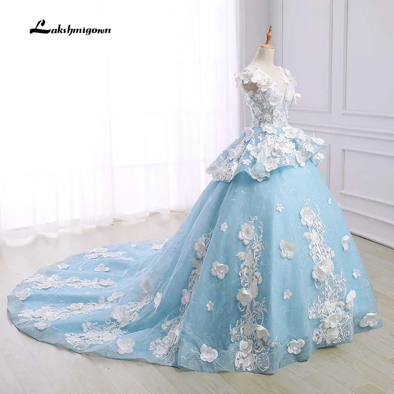 Синие Свадебные платья с свадебное платье оборками Vestido De Casamento бальное рукавом