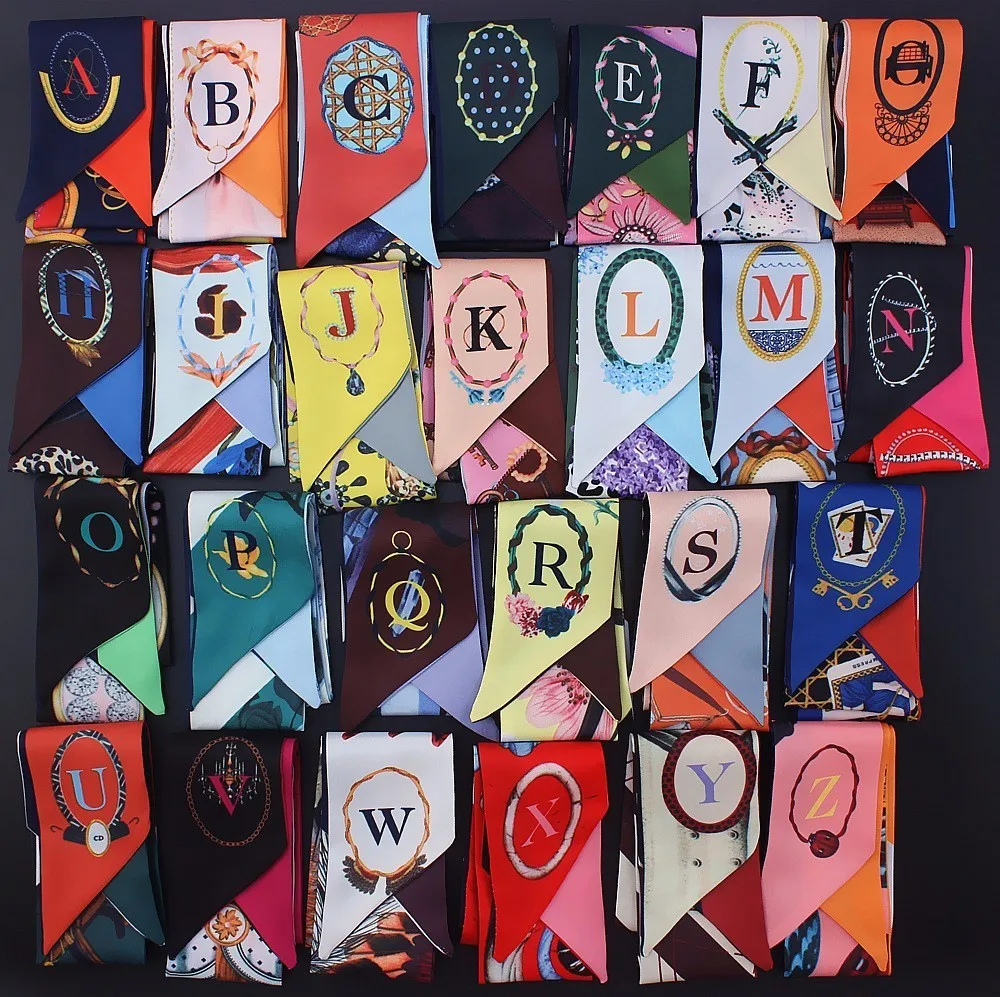

26 Letters Scarf Women Silk Kerchief 2018 Fashion Head Scarf Brand Small Tie Bag Ribbons Constellation Female Neck Wraps 95*6cm