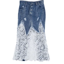 Весна Лето Европейский Стиль Мода темперамент женские джинсы деним юбка кружева сшивание женщин пакет бедра, джинсовая юбка