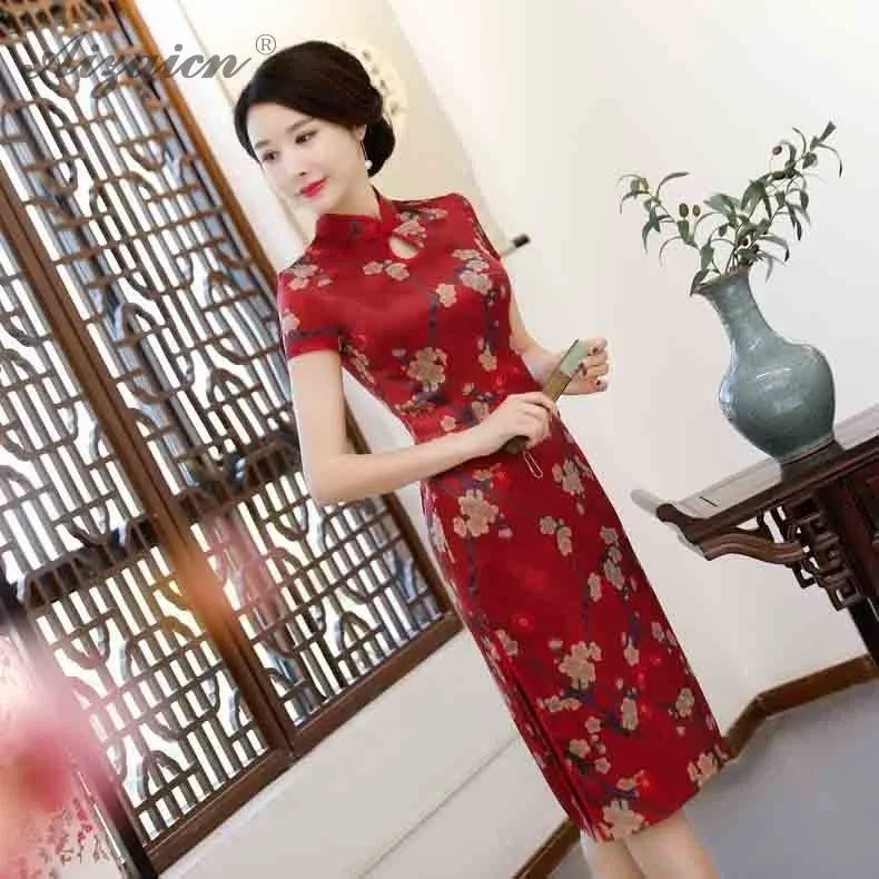 2019 vestido rojo chino tradicional vestido satinado Qi Pao винтажный Чонсам розовая одежда estilo Восточная vestidos de impresión
