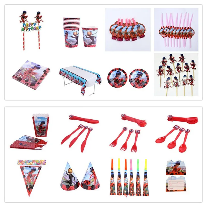 

Disposable Tableware sets Miraculous Ladybug Tablecloth Theme Party Paper Cups Paper Plate Knife Fork Spoon Baby Shower Party De