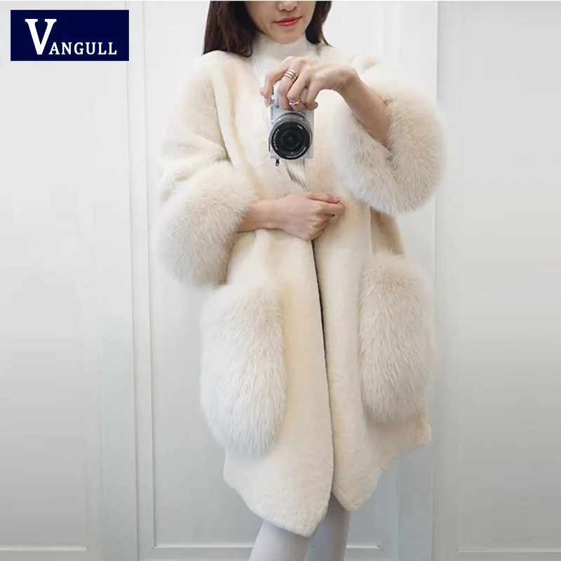 

Vangull Pink Elegant Faux Fur Coat Women 2019 Autumn Winter Thick Warm Soft Fleece Jacket Pocket Outerwear V Neck Fox Fur Coat
