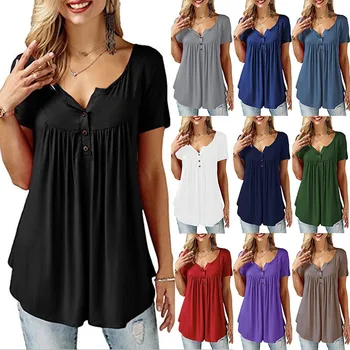 

2XL 10 Colors Women Elegant Fashion V neck Botton Short Sleeve Patchwork Blouse Shirt Ladies Spring Summer Casual Loose Tops