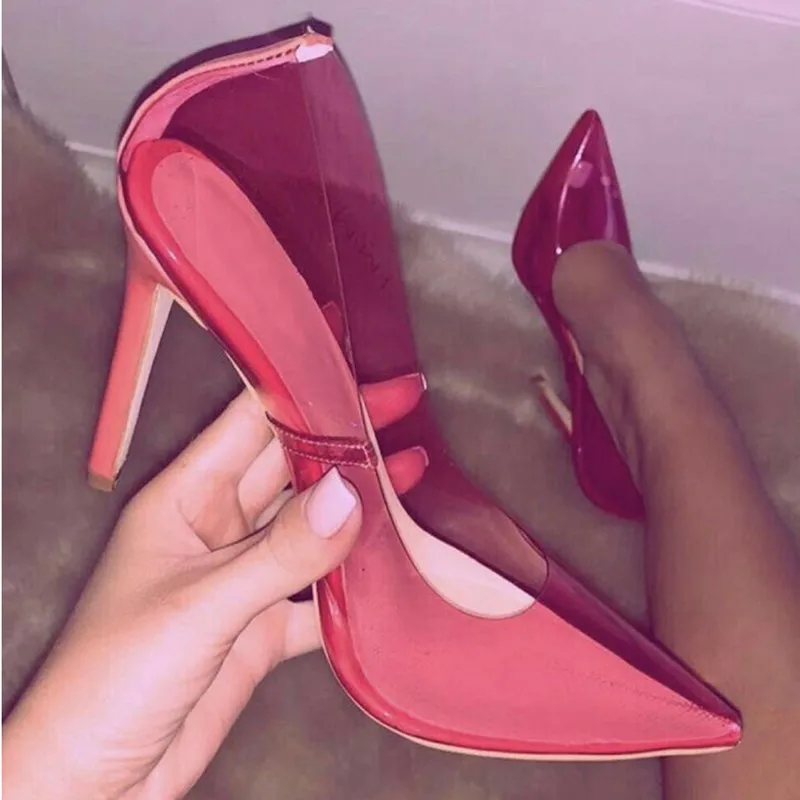 

DiJiGirls Pink PVC Transparent Pumps High Heels Sandals Womens Heel Stilettos Point Toed Female Party Shoes Night club Pump