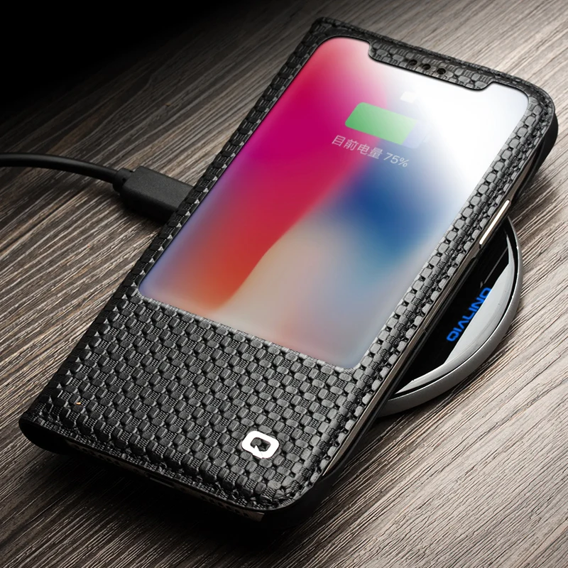 QIALINO Чехлы для iPhone X смарт вид Флип из натуральной кожи чехол окна 10 десять kickstand