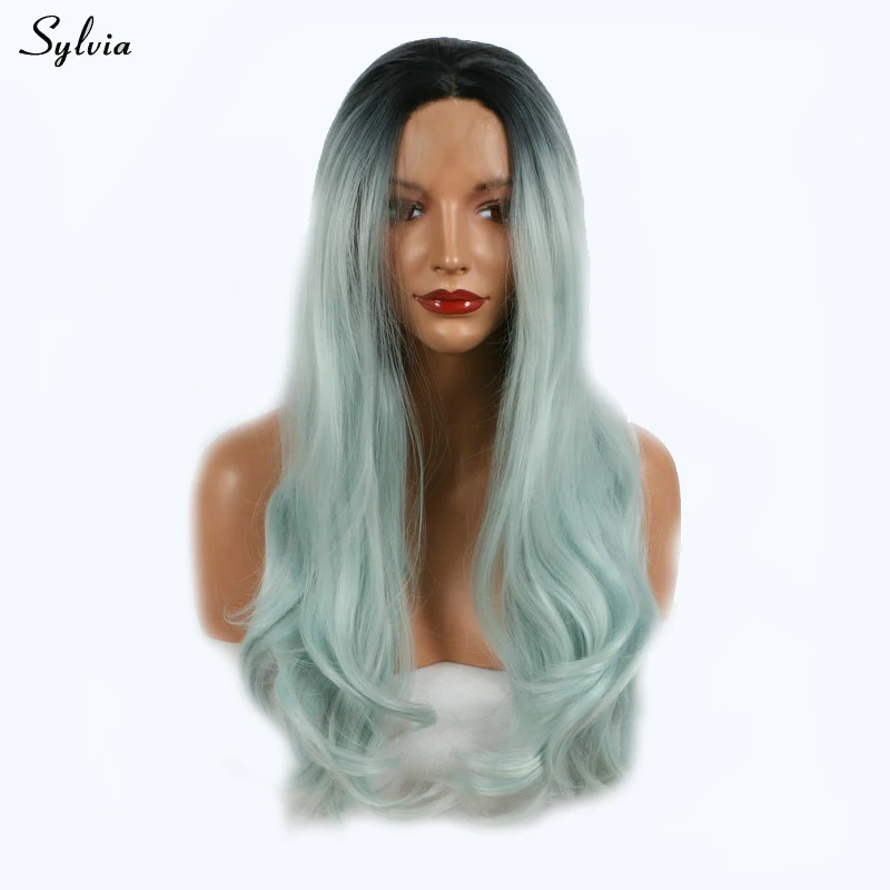 Sylvia Mixed Blue Wigs Dark Root Ombre Pastel Blue Body Wave Synthetic