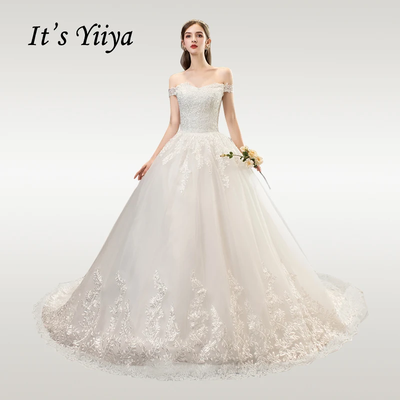 

It's YiiYa Wedding Dress Full White Lace Elegant Wedding Dresses Off Shoulder Boat Neck robe de mariee Free Shipping HS752
