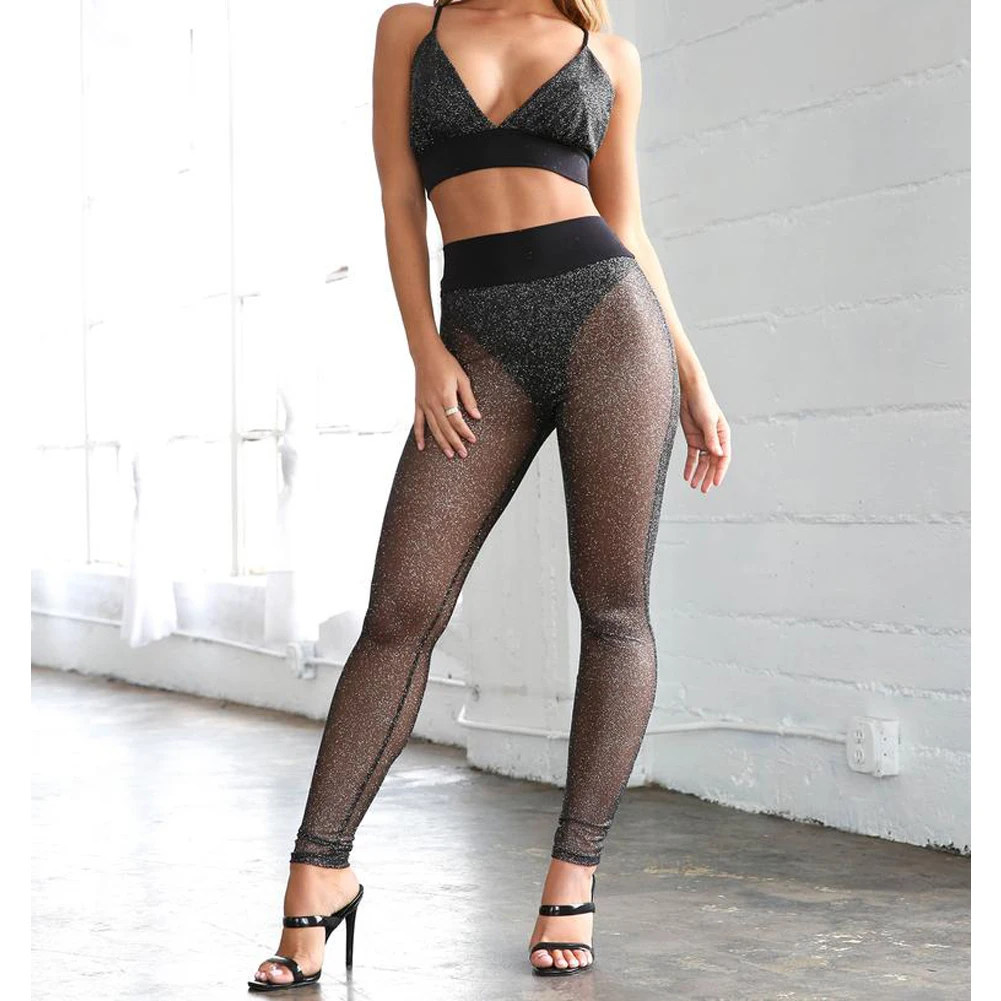 

Women Sexy Solid Skinny Slim Sheer Mesh See Through Long Pants Summer Elastic Trousers Pants