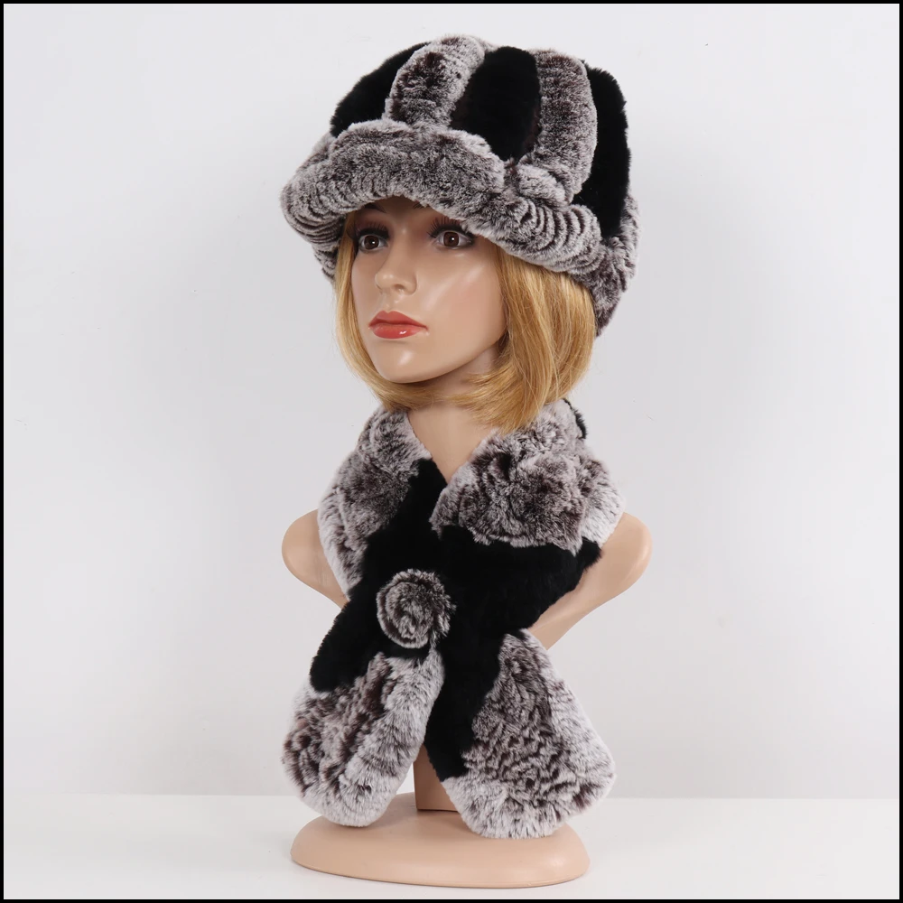 Уличная зимняя вязаная 100% натуральный мех наборы шарф шапка женский теплый Настоящий мех кролика шапки муфели 2 шт. натуральный мех шапка