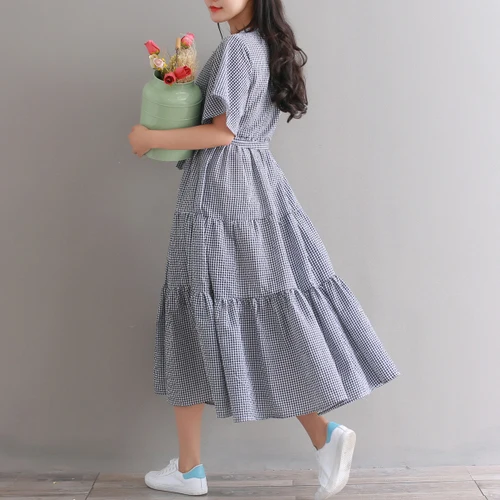 Mori Girl модные роковой ете 2018 Винтаж плед Повседневное Свободные длинное платье