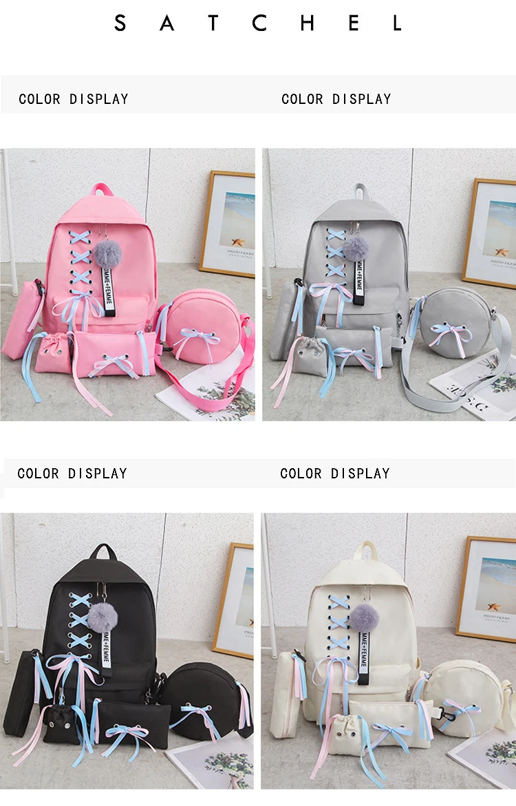 Women Backpack Korean Fashion Ribbon Bow 5pcs Cover Mother Bag Wild Large-capacity School Bag