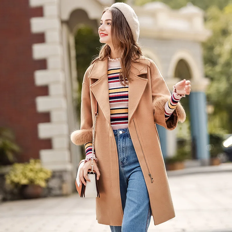 

Sweet Zipper Long Coat for Women Turn-down Collar Wool Coat and Jacket Wide-waisted Pockets Women Clothes 2018