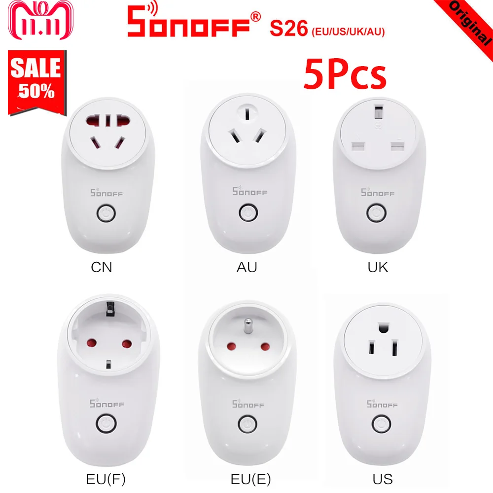 

5pcs Sonoff S26 WiFi Smart Socket US/UK/EU Wireless Plug Power Sockets Smart Home Switch Work With Alexa Google Assistant IFTTT