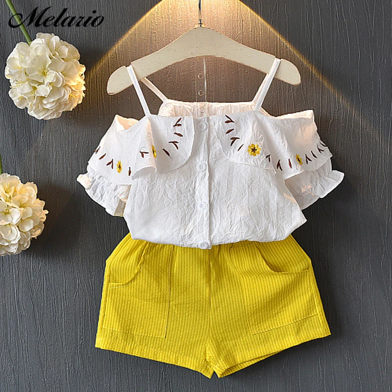 Melario Girls Set 2019 New Summer Girl Clothing Suit Embroidery Off-the-shoulder Children's Clothes Set Floral Top + Short 3-7Y