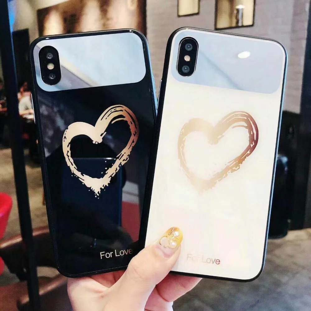 

Fashion Love Tempered Glass Protective Shell Protective Cover Mirror Phone Case for iPhone 6 6s 6P 6sP 7 7P 8 8P X XS XR XSMAX