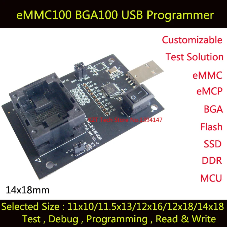 Emmc100 Розетка с USB Интерфейс для BGA100 тестирования nand Flash Размер 14 x18mm Шаг 1.0 мм