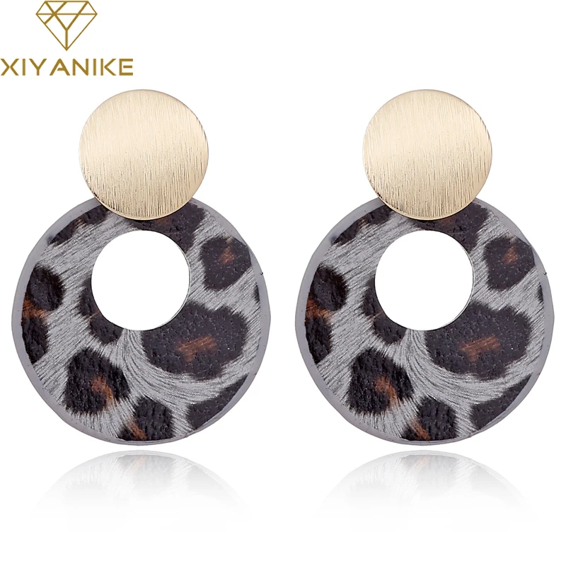 XIYANIKE New Leopard Leather Brushed Alloy Drop Earrings For Women Geometry Round Circle Female Big Earring Party Jewelry E834 | Украшения