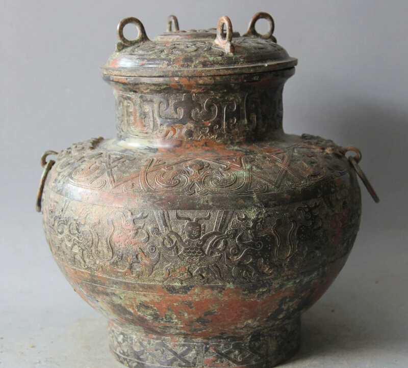 

S5923 11" Archaic Chinese Dynasty Palace Bronze Wine Vessel Water Pot Jar Crock Zun D0318