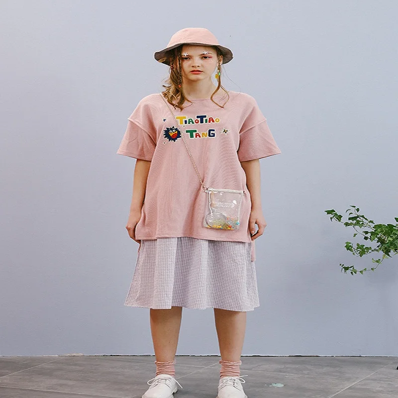 

Women's Cotton Dresses Summer Casual Solid Pink Double Layer Mosaic Double Deck Dress For Women Straight Dress Summer New