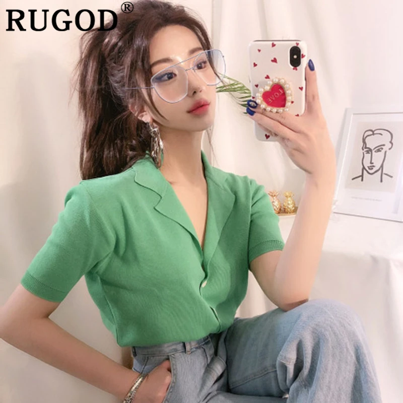 RUGOD летняя Офисная женская зеленая блузка модная с коротким рукавом Вязанная