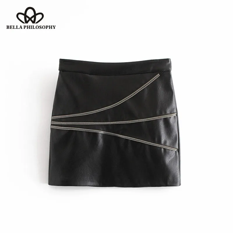 Wonder 2018 new Vintage Chic Metallic Zipper Faux PU Leather Mini Skirt A Line Back Zip Streetwear Skirts Casual Faldas Mujer
